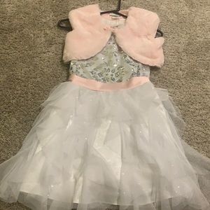 Excellent condition girls size 10 white and silver dress with pink vest